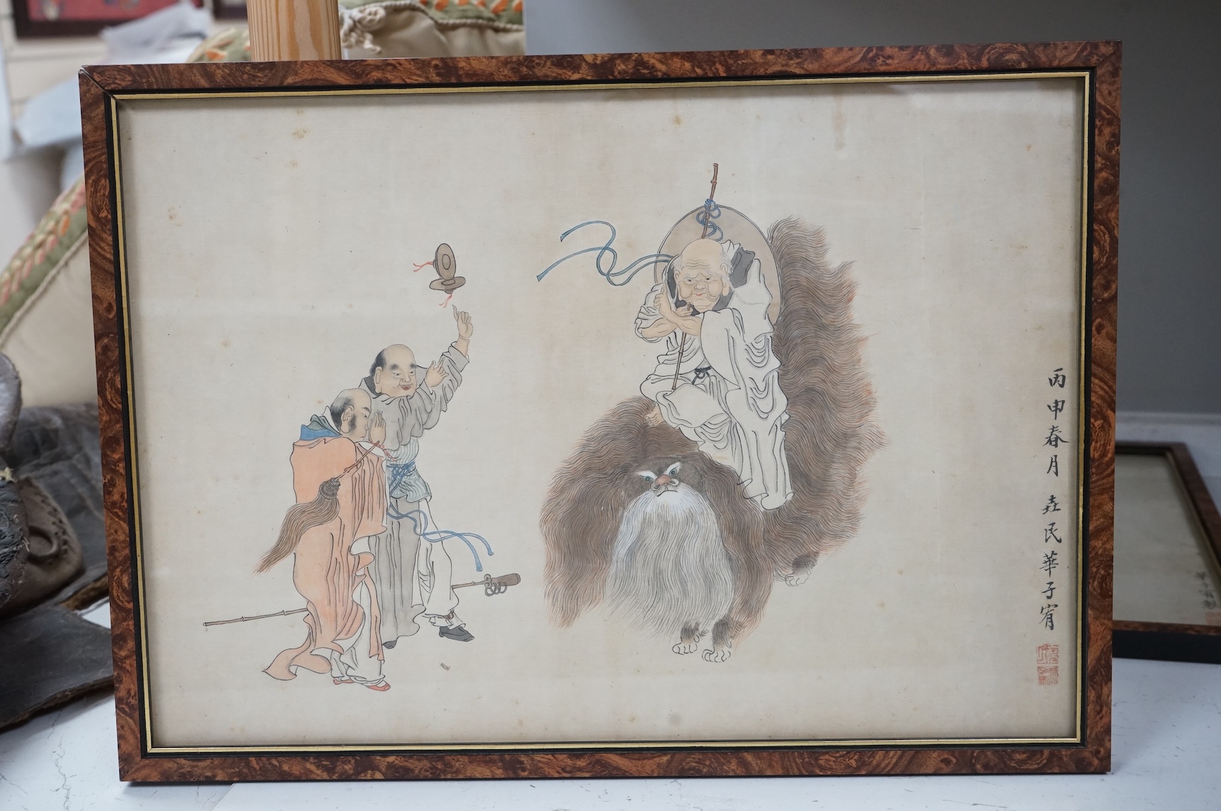 19th century, Chinese School, Figural and animal studies, three watercolours on printed bases, with character marks, 29 x 42cm
